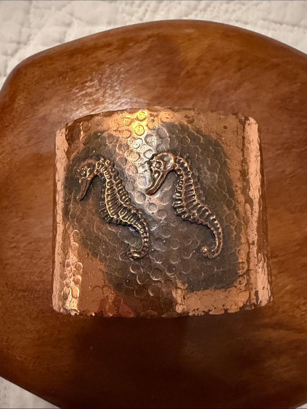 Cuff Bracelet Sea Horses, Copper Tone Finish, Textured Metal, Bevel Edge Detail